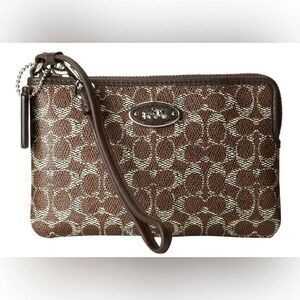 Coach *Hose & Carriage* Small Brown Coated Canvas Wristlet Card Case Clutch